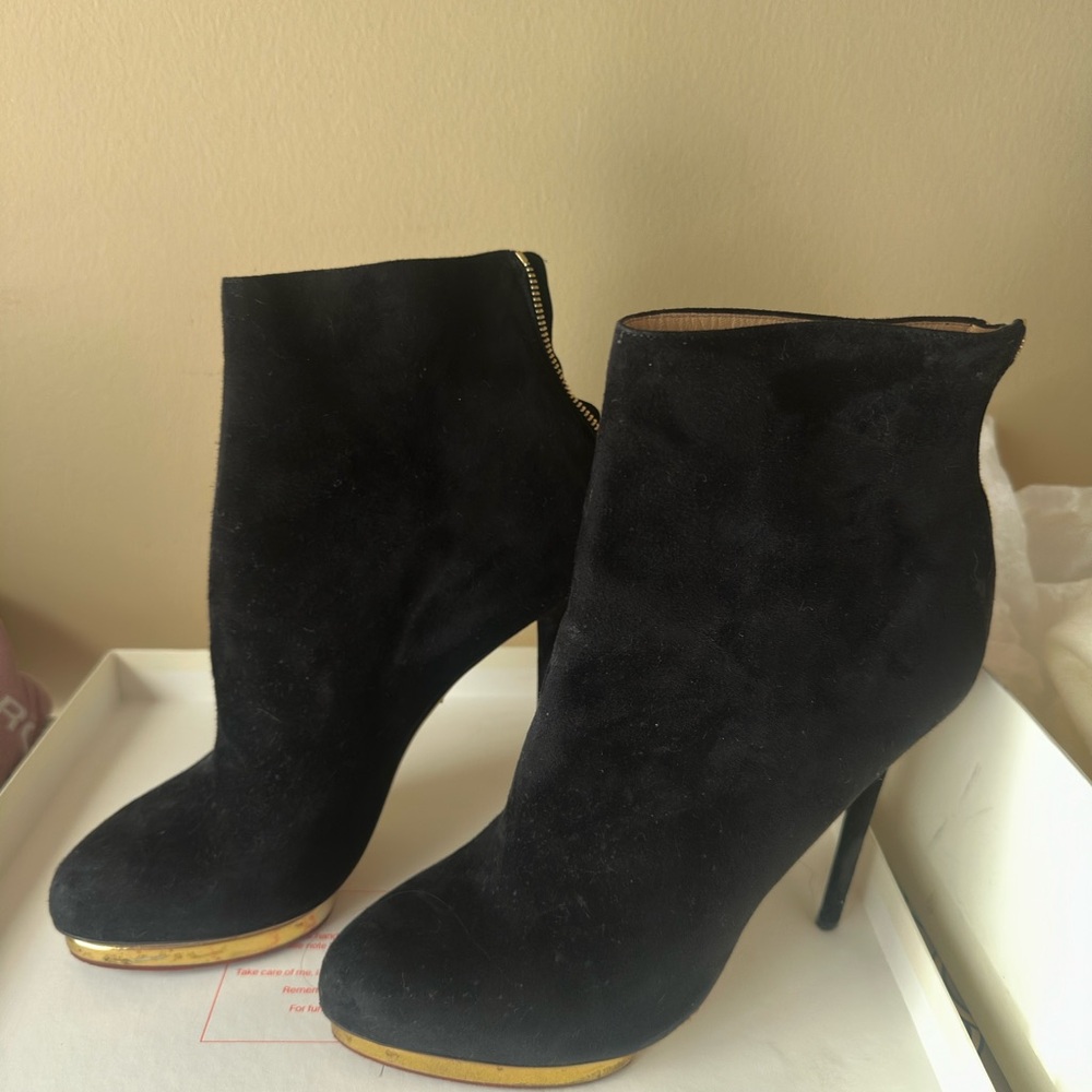 Charlotte Olympia Black Ankle Boots with Gold Accents